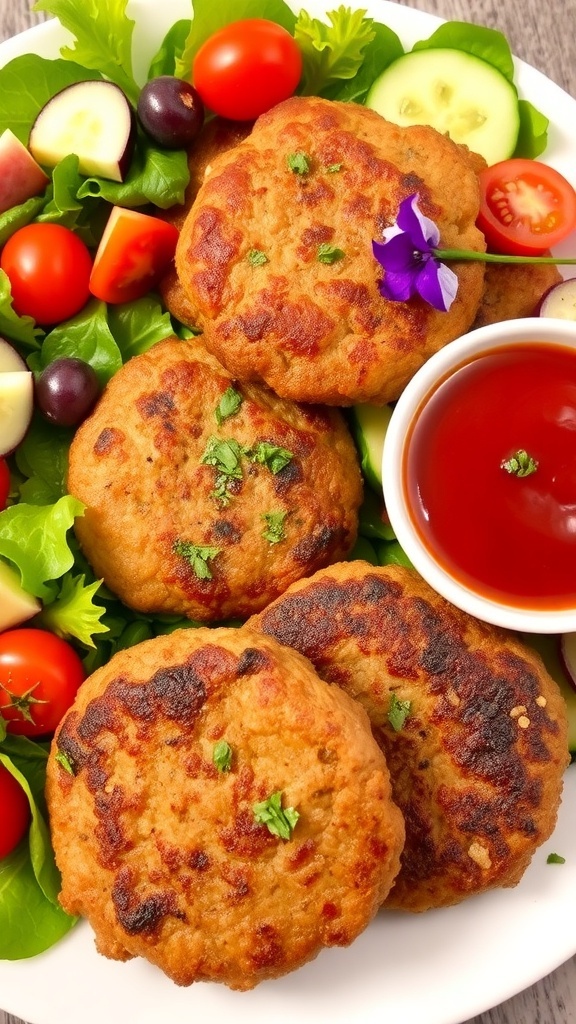 Savory Beef Patties Recipe Golden-brown beef patties on a plate with salad and dipping sauces.